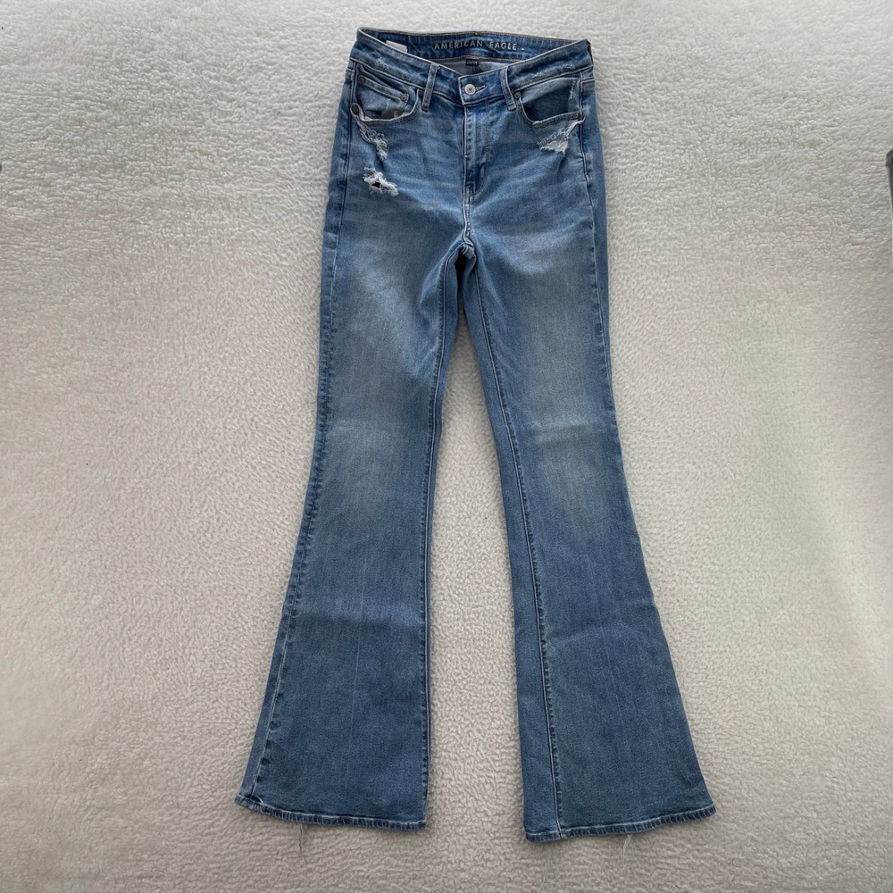 American Eagle Jeans Women 4 X-Long Blue Super Hi-Rise Flare Stretch Boho Grunge